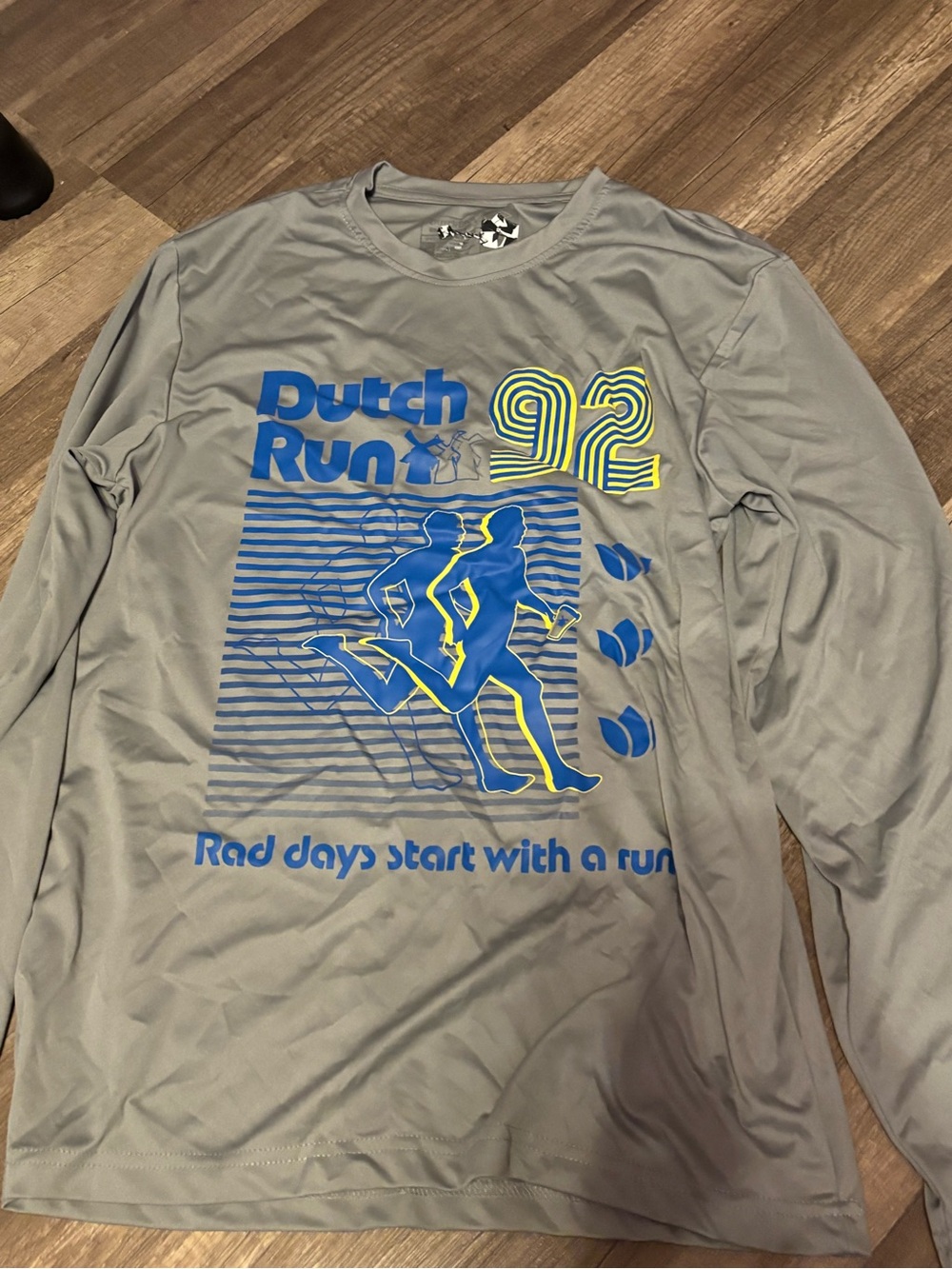 Dutch Bros Gray Long-Sleeve Performance Tee with Blue & Neon Yellow Graphic